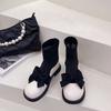 Elastic French Socks Boots Women's Bow Short Boots Small Leather Shoes Spring and Autumn Black Martin Boots Women's Splicing New Models