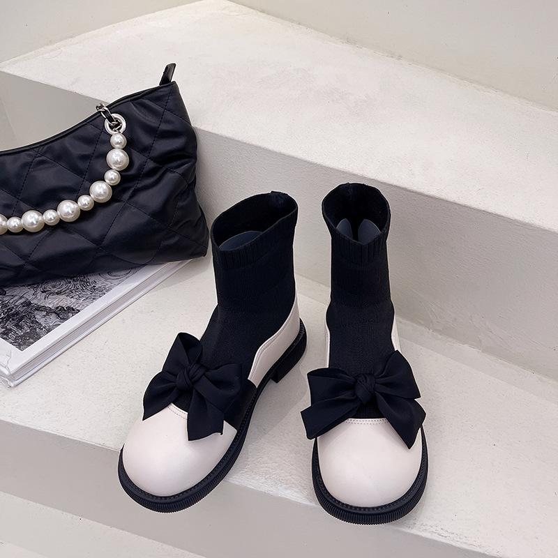 Elastic French Socks Boots Women's Bow Short Boots Small Leather Shoes Spring and Autumn Black Martin Boots Women's Splicing New Models