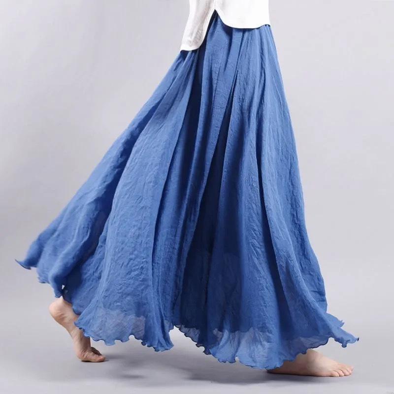 Women's Skirt Linen Cotton Blend Elastic Waist Long Pleated Maxi, Vintage Summer Casual Skirt