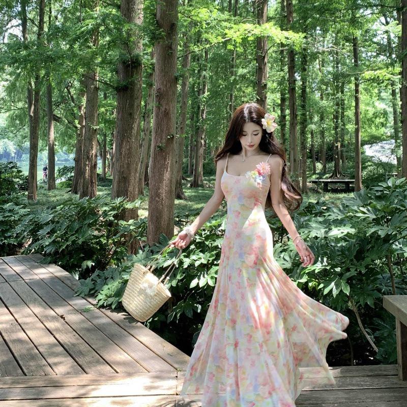 Sommerinsel Foto Schönes Kleid Urlaub Süßes Träger-Taillenkleid Meeresstrand Rock Gefühl