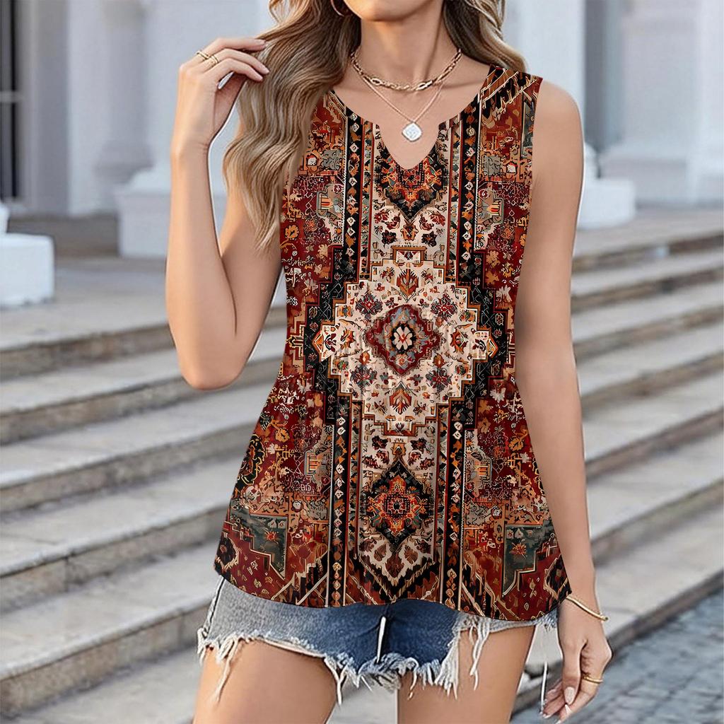 Women's Fashionable New Retro Floral Textured V-neck Loose Casual Flowy Sleeveless Vest Top