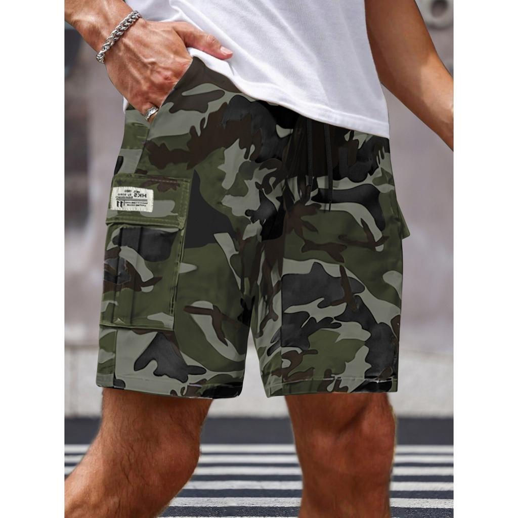 Pánské maskáčové cargo šortky, ležérní volný střih, šněrovací, ke kolenům