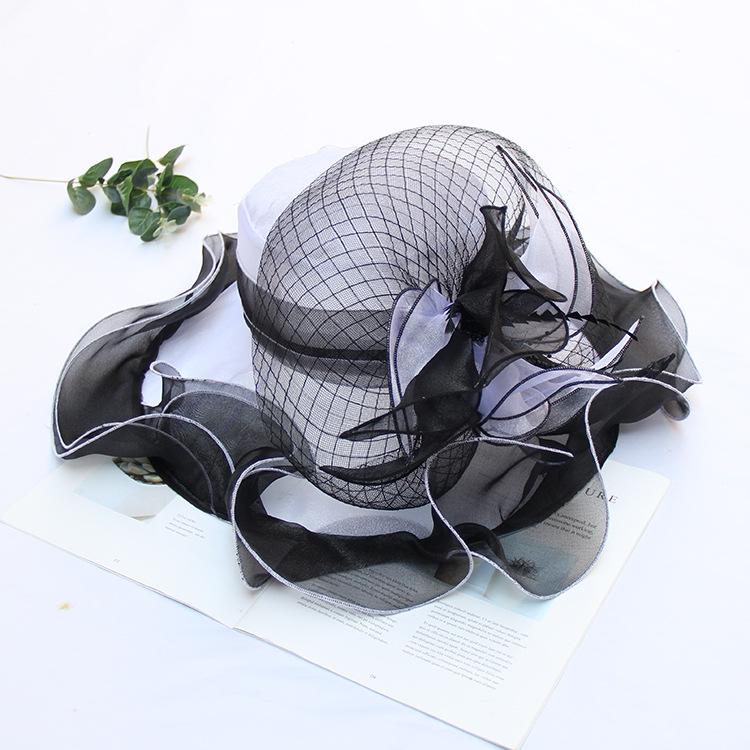 2024 New Organza Big Brim Top Hat Women'S Spring And Summer Sunscreen Sun Hat European And American Fashion Flower Sun Hat Wholesale