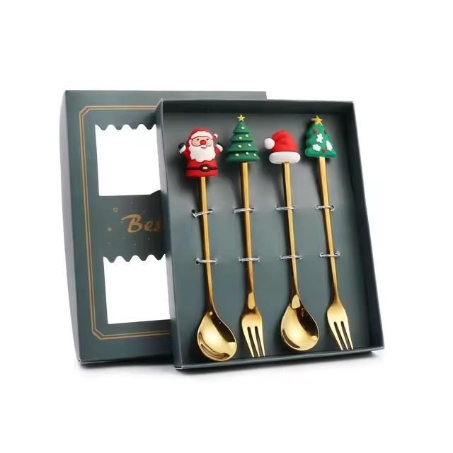 4/6pcs Christmas Spoon and Fork Set Stainless Steel Creative Tableware Coffee Tea Dessert Spoon and Fork Exquisite Gift Set