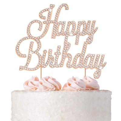 Happy Birthday Cake Topper - Premium Rose Gold Metal - Happy Birthday Party Sparkly Rhinestone Decoration Makes a Great Centerpiece