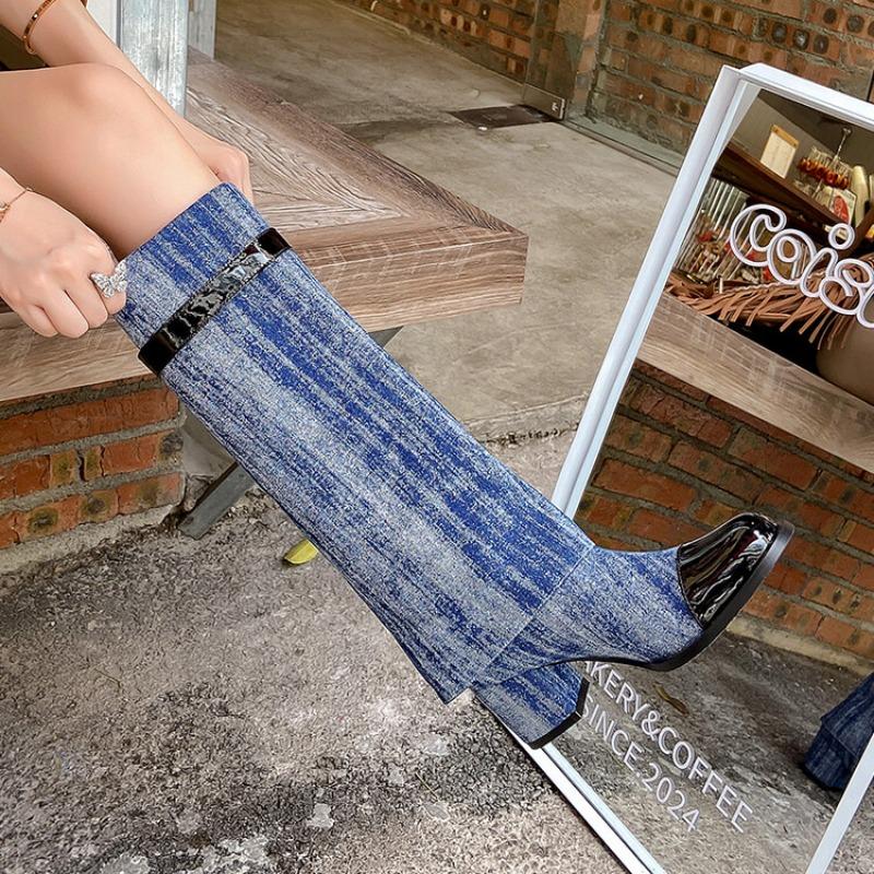 Módní značka Hovězí kůže+denim Kožená přezka Dlouhé kozačky Podzim Zima Kořeněné dívky 5,5cm Vysoké podpatky Módní Kozačky po koleno Dámské Denimové kozačky 44