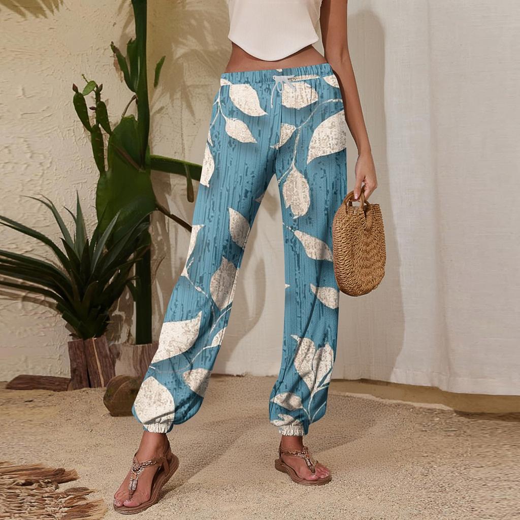 Women's Floral Print Casual Jogger Sweatpants with Elastic Drawstring Waist and Tapered Leg