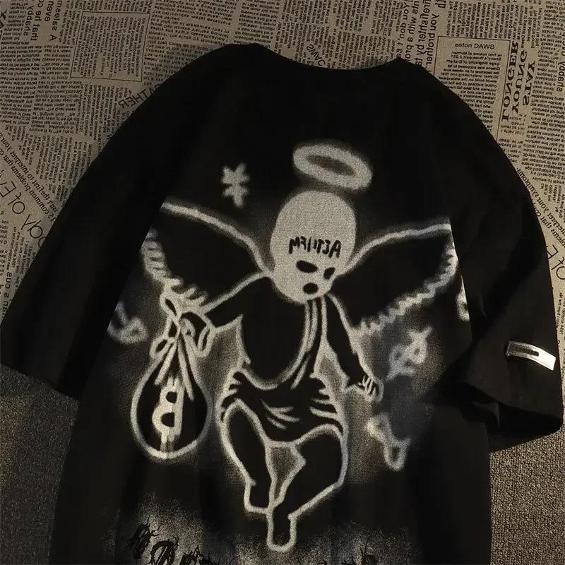 

Европейско-американская футболка с короткими рукавами в стиле ретро, с темным ангелом, тренд, свободный уличный стиль, хип-хоп, парная одежда, футболки оверсайз 4XL