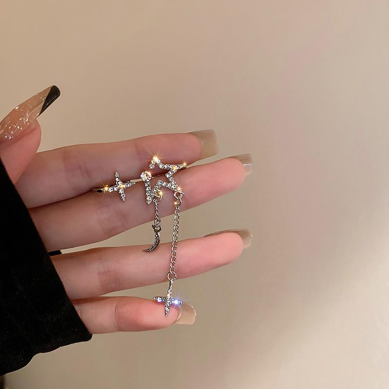 Sparkling Asymmetric Zircon Star Moon Ear Clip for Women Without Piercing Cross Tassel Ear Cuff Clip Earrings Wedding Jewelry