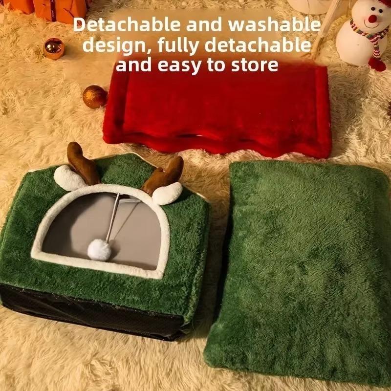 Christmas Cat Nest Dog House Pet Warm Soft Plush Multifunctional Dog Bed Thickened Closed Design Removable Cat House Pet Product