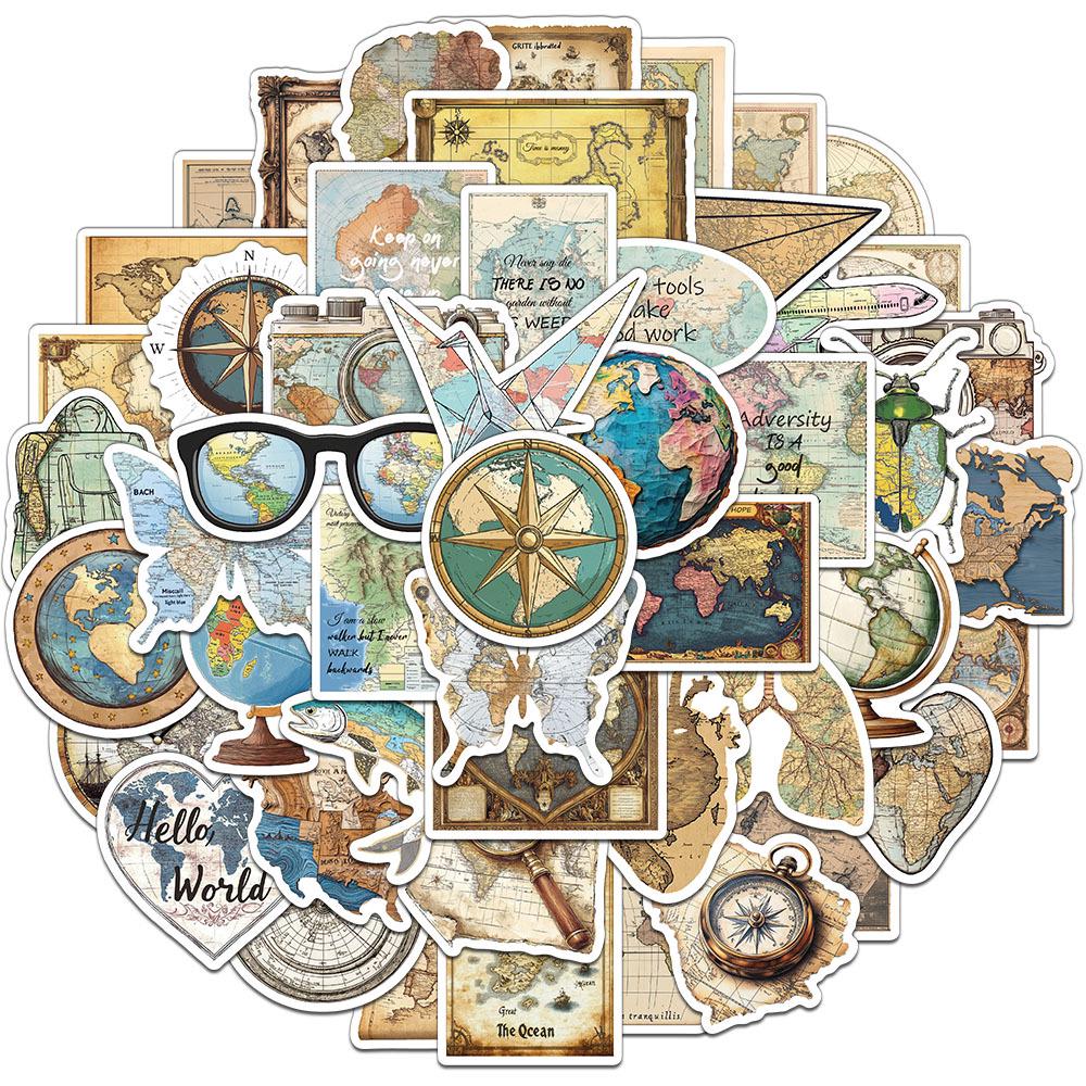 

50 Retro Map Stickers: Personalized Decals for Journals, DIY, Water Bottles, and Phone Cases