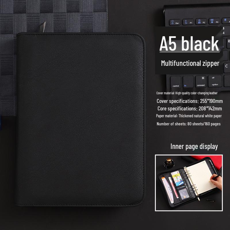 Customizable A5 PU Leather Notebook with Logo, Zipper Storage, and Loose-leaf Pages for Business Meetings