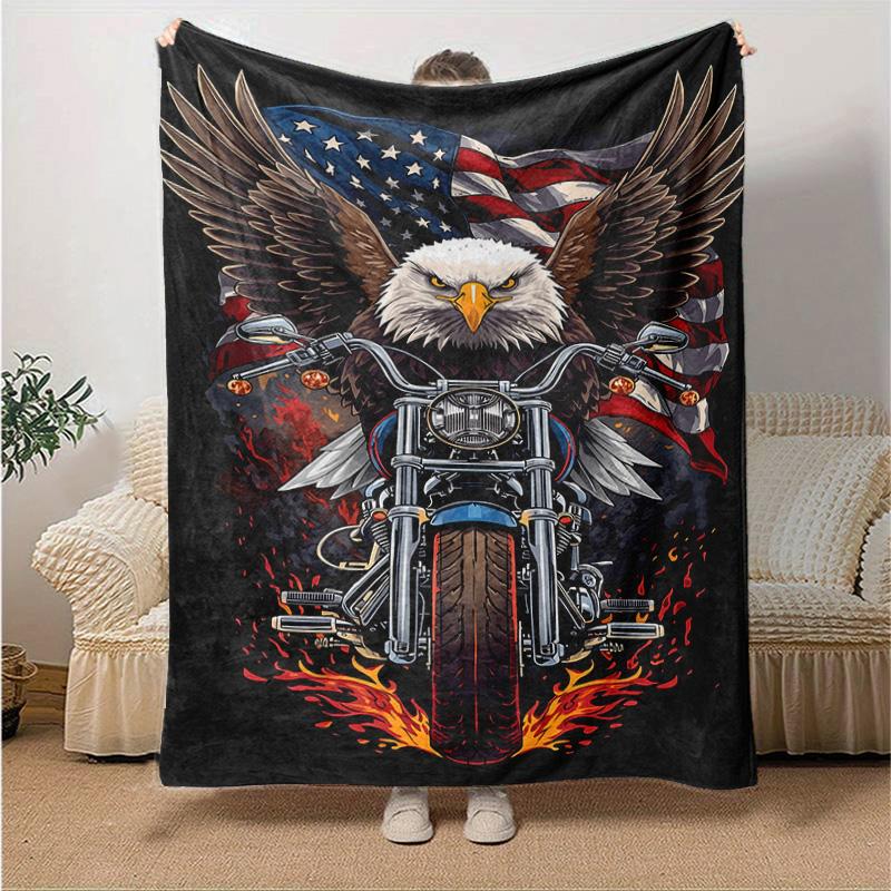 1pc American Eagle Motorcycle Flannel Blanket Soft Warm Throw Blanket for Bedroom Living Room Bed Travel Camping Picnic Gift. MT7150161 75cm x 90cm