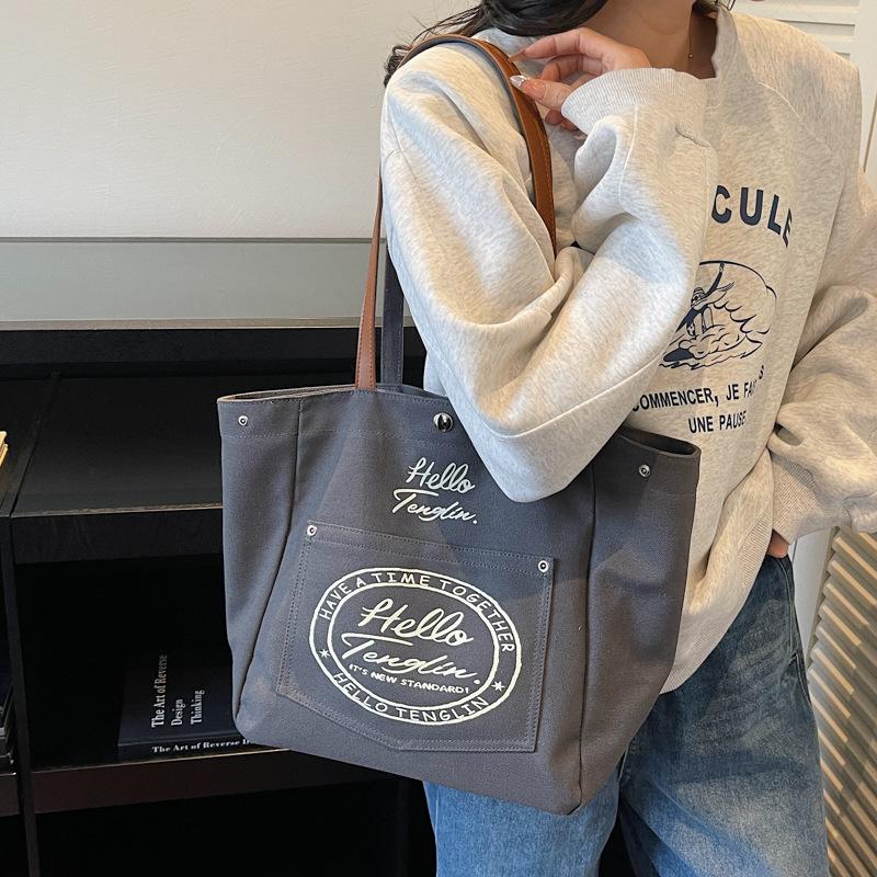 Fashi Korean Style Large Capacity Canvas Top Handle Bag Texture Simple Shoulder Bag for Women with Letter Print Storage Bags