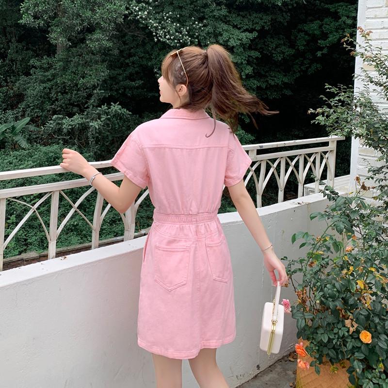 Real Shot: Summer Hong Kong-Style Korean Short-Sleeve Denim Dress - Fashionable Waist-Slimming Design for Women
