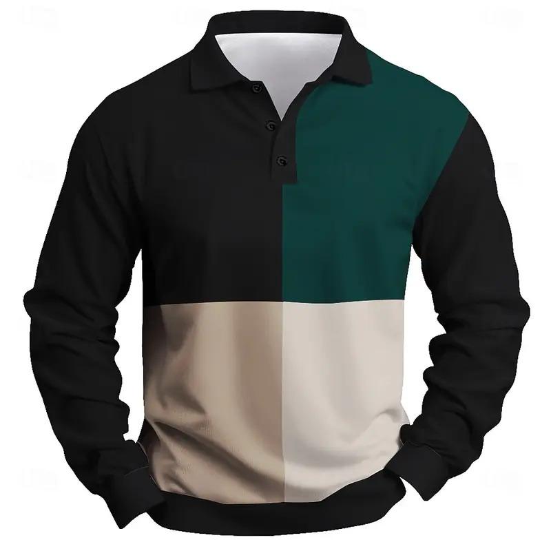 2025 Fashion Men'S Color Block Long Sleeve Polo Shirt Breathable Casual Tops Slim Fit Quick Drying Classic Collar Polo Shirt