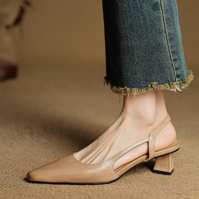 Fashion 2025 Summer Women Sandals Genuine Leather Women Shoes Cover Toe Slingback Shoes Pointed Toe Med Heel Concise Designer Sandals