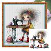 Full Embroidery Eco-cotton Thread 11CT Printed Line Girl Cat Cross Stitch Kit Artwork 40x40cm/ 45x45cm Home Docor for Friend