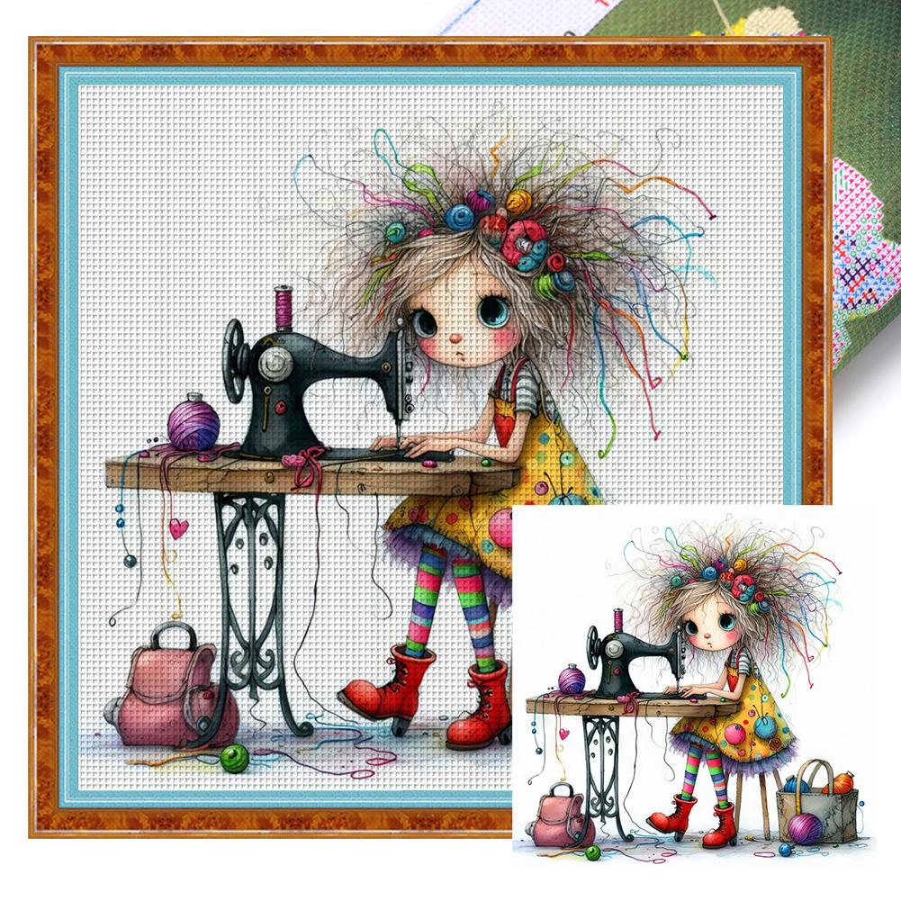 Full Embroidery Eco-cotton Thread 11CT Printed Line Girl Cat Cross Stitch Kit Artwork 40x40cm/ 45x45cm Home Docor for Friend