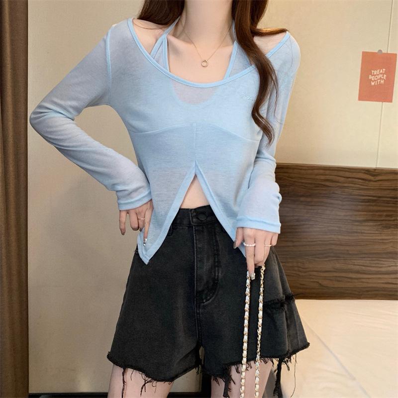 Early autumn new fake two-piece polka dot neck long-sleeved T-shirt slim sweet Spice Girl bottoming shirt with short top inside