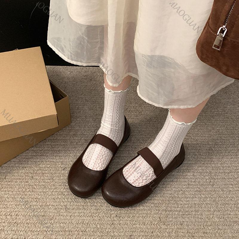 Fashion Black Single Shoes Retro Soft Bottom Round Toe Slip on Women's Flats Casual Solid Belt Shallow Mouth Ballet Mary Jane Loafers