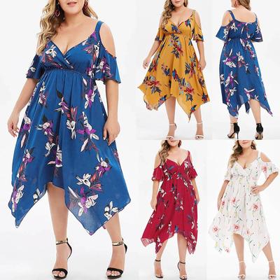 Fashion Women Plus Size Open Shoulder Floral Printed Handkerchief V-Neck Dress