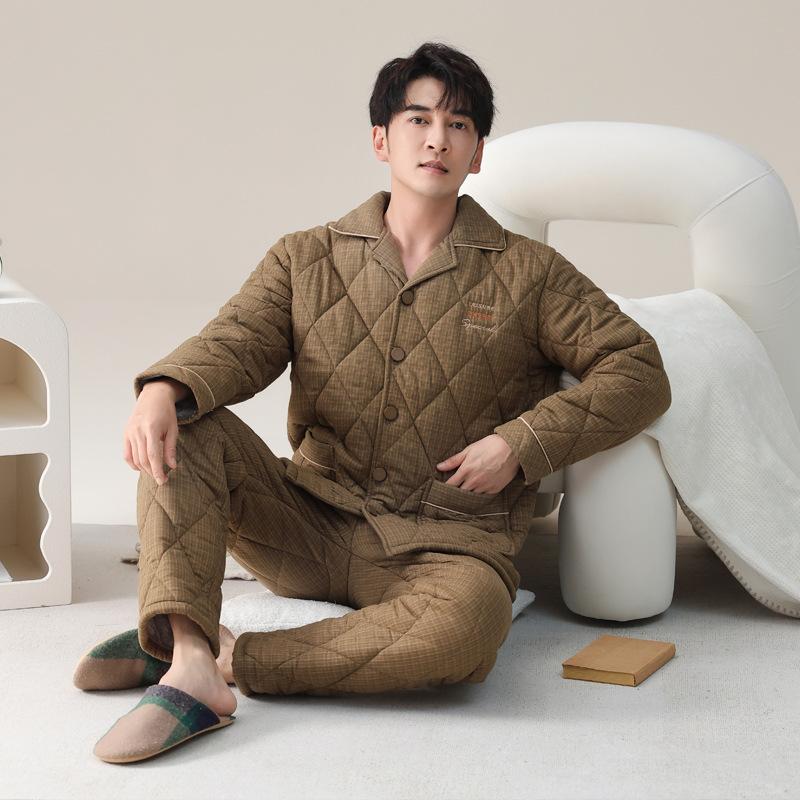 Pajamas Men'S Winter Velvet Thickened Woven Pure Cotton Three-Layer Padded Cotton Jacket Autumn And Winter Loungewear