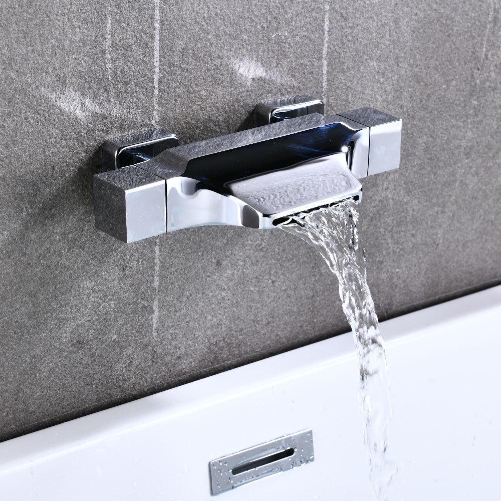 Brass Waterfall Bathtub Faucet Set with Black Exposed Edge and Hot/Cold Shower Head