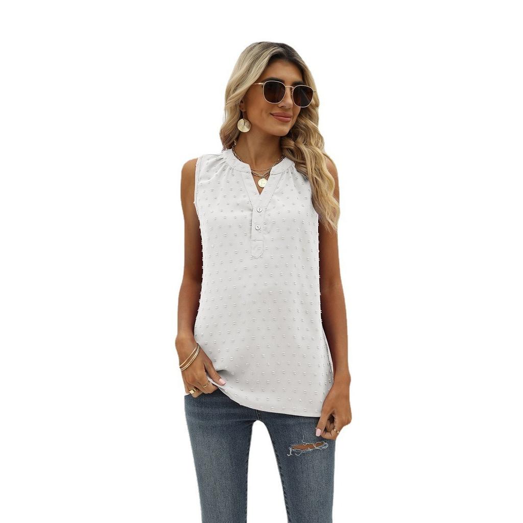 Summer Women's Solid Color Chiffon Loose V-Neck Jacquard Sleeveless Casual Vest Top for Crossborder European American