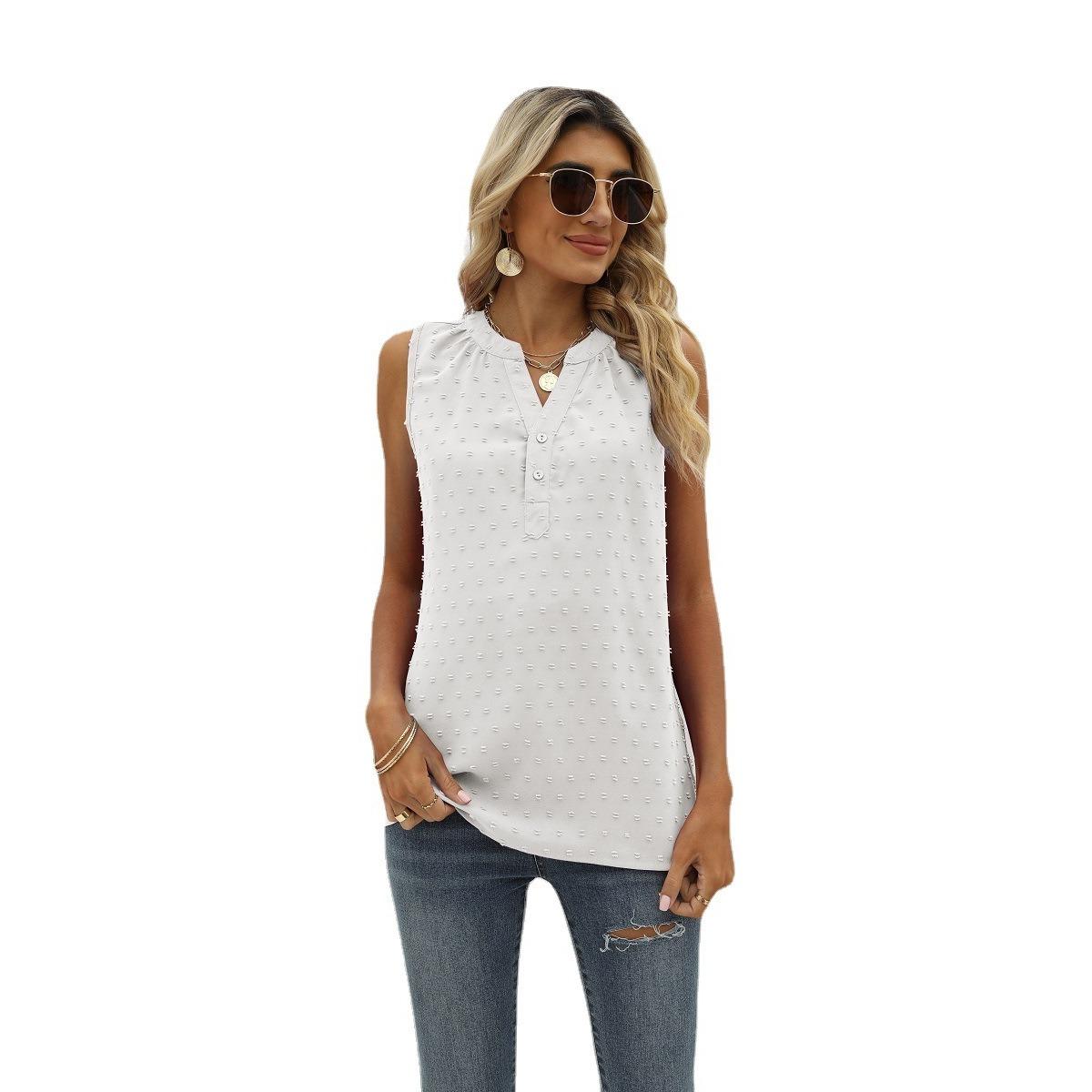 Summer Women s Solid Color Chiffon Loose V-Neck Jacquard Sleeveless Casual Vest Top for Crossborder European American S белый