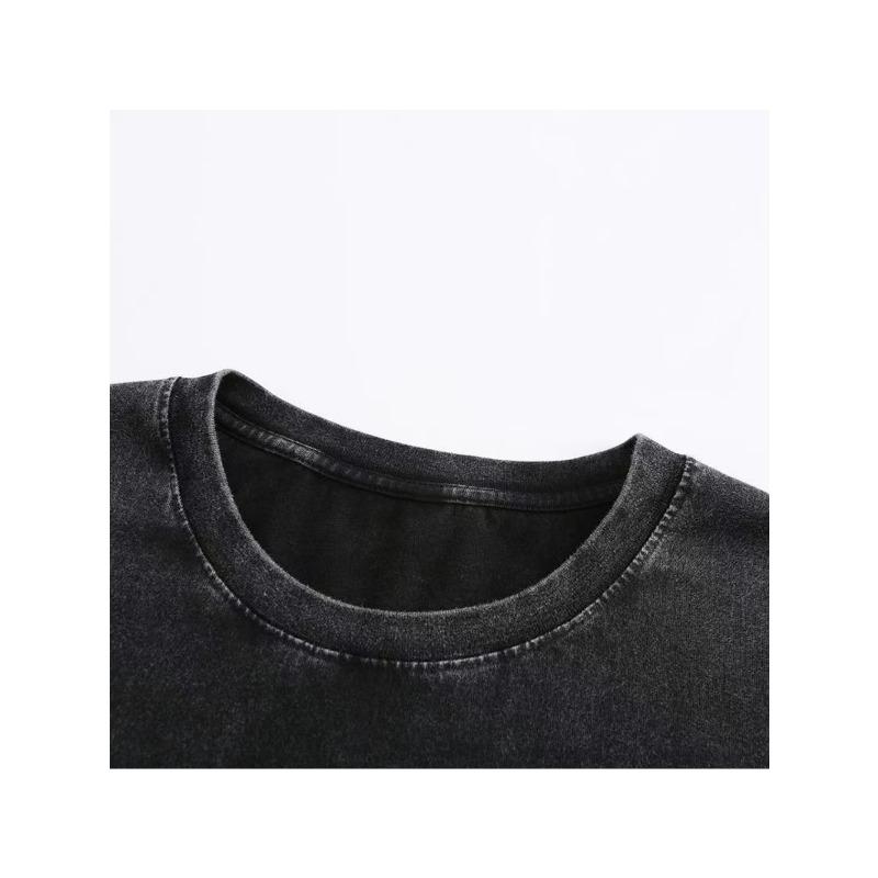 European Size Men's Heavyweight Pure Cotton Vintage Washed T-Shirt - Distressed Casual Round Neck Short Sleeve Tee with Subtle All-Over Print