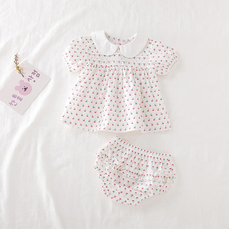 Summer Korean Baby Girl Floral Cherry Short Sleeve Two Piece Set Children Split Shorts Romper 73