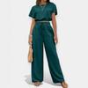 1116 European and American New Solid Color Round Neck T-shirt Waist Straight Pants Women's Fashion and Elegance Two-piece Set