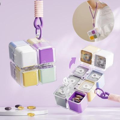 Caixa de Pílulas Cubo Mágico com Cordão Caixa de Pílulas Portátil Caixa de Embalagem de Medicamentos Adequada Para Bolso Viagem Caixa de Armazenamento de Comprimidos de Vitaminas