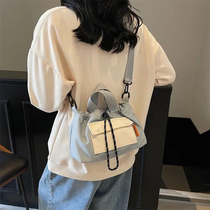 

Women s Contrast Color Pleated Nylon Crossbody Bag with Drawstring Large Capacity Lightweight Shoulder Bag for Commute Travel