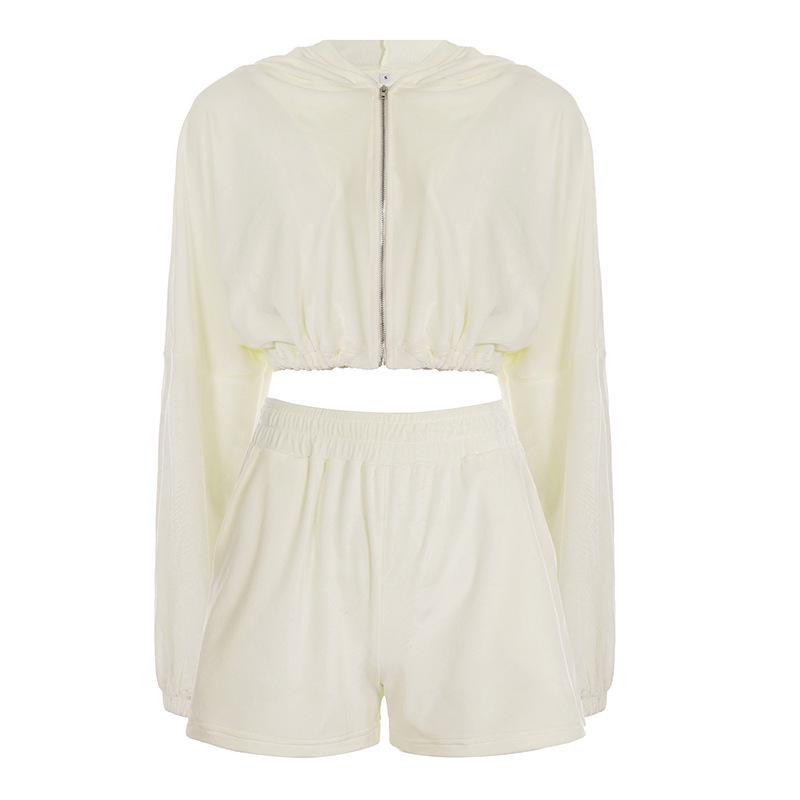 Women's Sporty Casual Set: Solid Color Hooded Zip-Up Top & Low-Waisted Shorts