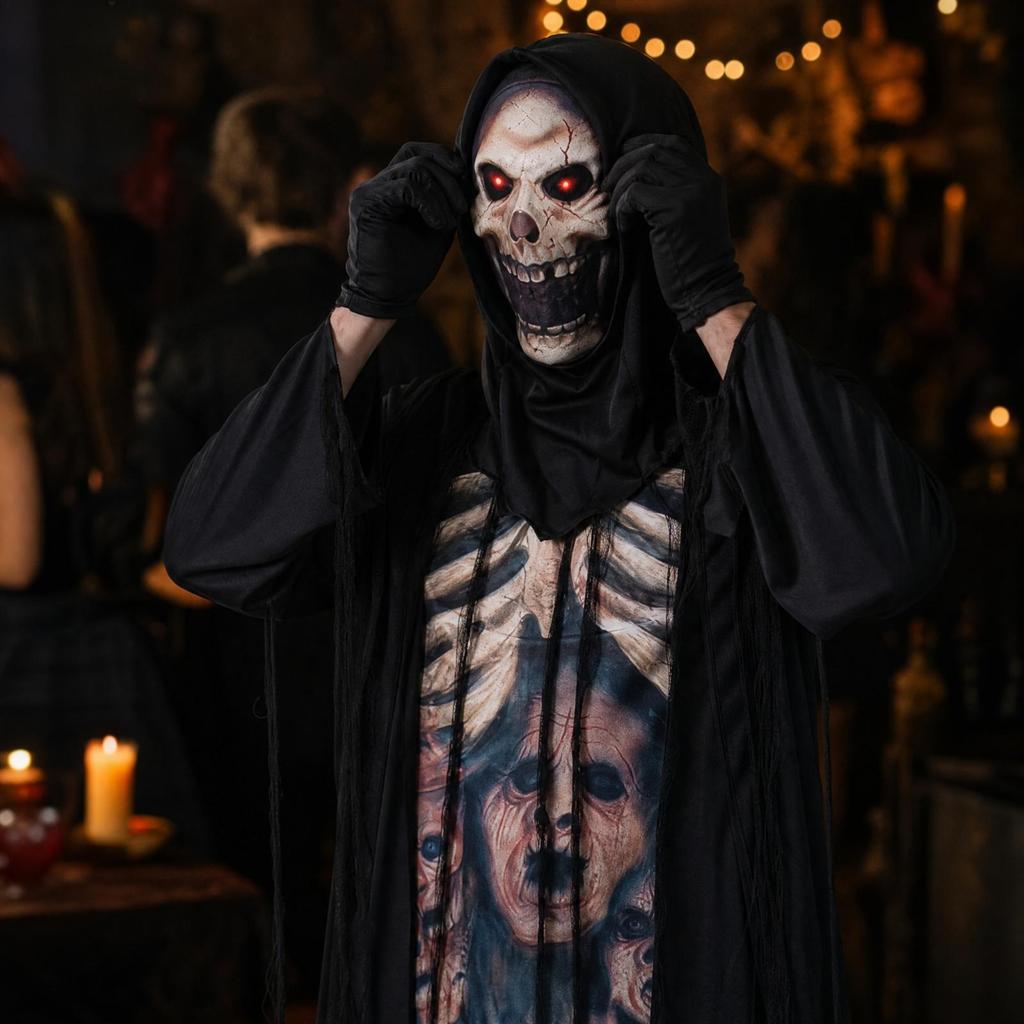 Tattered Skeleton Robe Costume Full-Length Skeletal Print Halloween