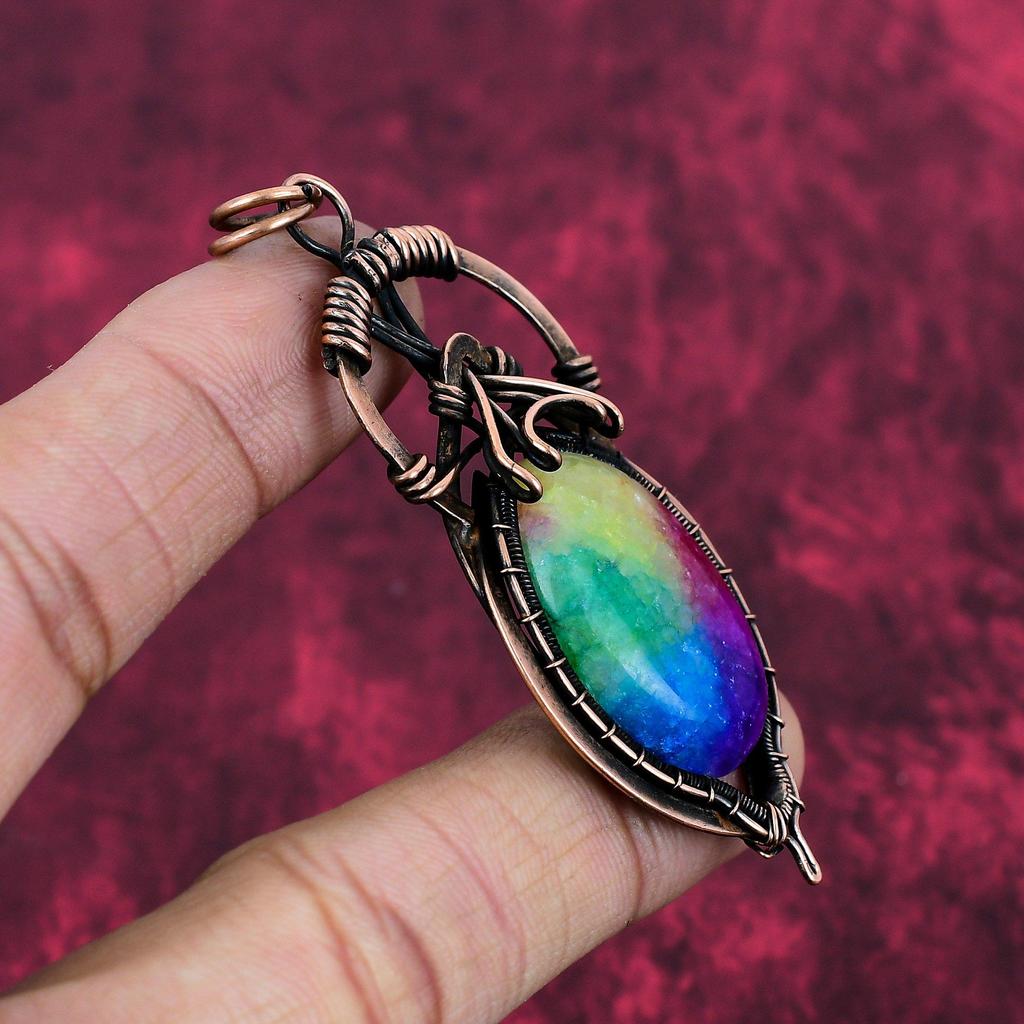 Rainbow Solar Quartz Druzy Pendant Copper Wire Wrapped Pendant Handmade Jewelry Gemstone Pendant Unique Copper Design Jewelry Wedding Gifts
