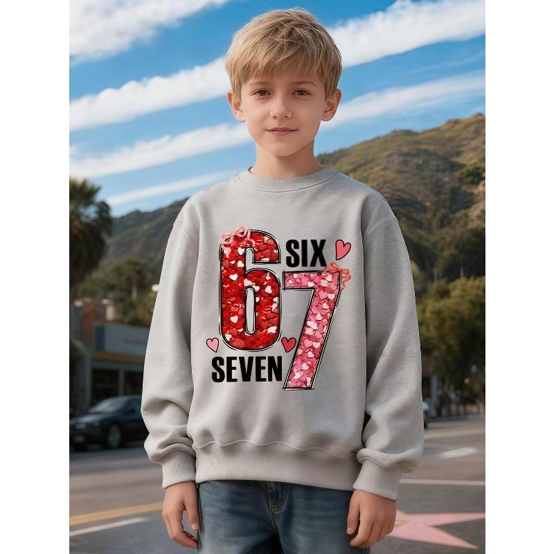 Kids Unisex Crewneck Sweatshirt, Glitter Heart Bow Number 67 Print Long Sleeve Pullover, Boys Girls Cute Birthday Sweatshirt For Kids Over 4 Years Old