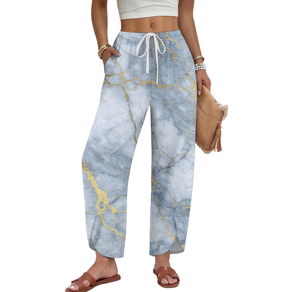 Women Casual Wide Leg Pants Marble Print Loose Fit Drawstring Waist Straight Leg Trousers Comfortable Lightweight Fabric