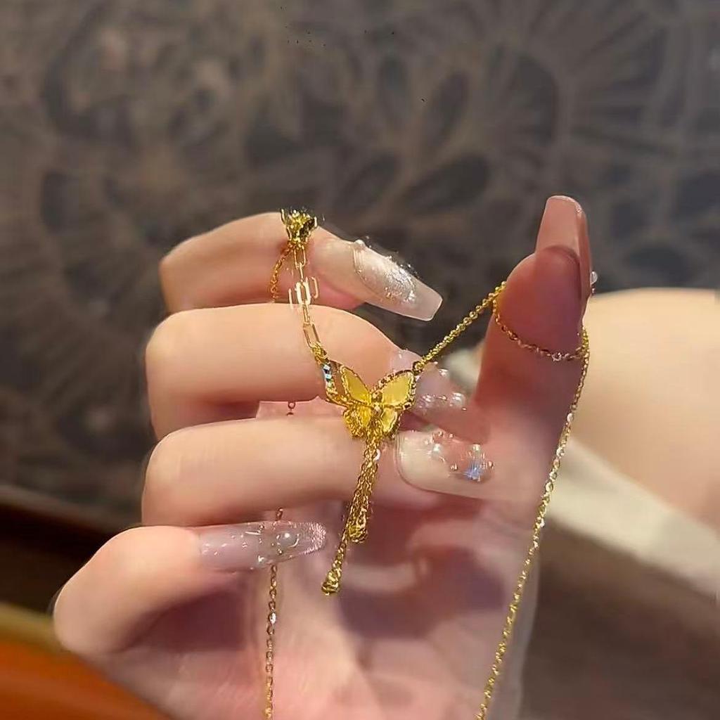 Gold Plated Fairy Butterfly Tassel Necklace - Women's Luxury Clavicle Choker Accessories