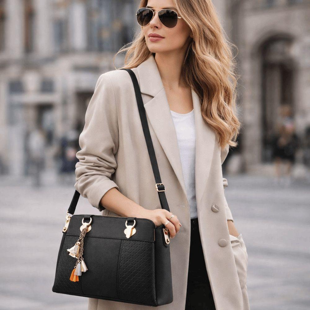 Simple PU Leather Shoulder Bags with Pendant Large Capacity Embossed Crossbody Bag Solid Color Female Messenger Bag