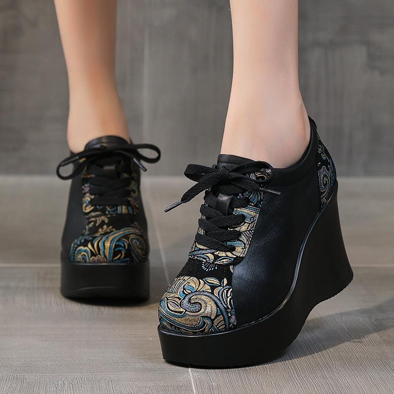 

Мода GKTINOO 2025 Весна Этнический Стиль Женские Туфли из Натуральной Кожи На Шнуровке Клиновидный Каблук Обувь Толстая Подошва Повседневные Женские Туфли на Платформе 9