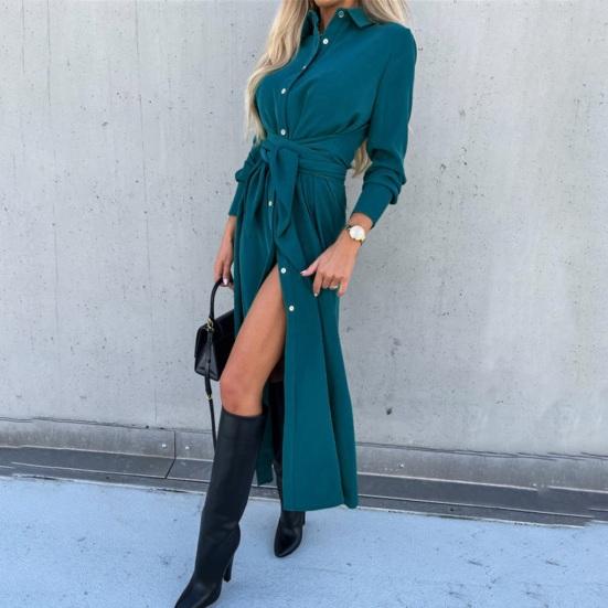 Dámské bavlněné maxi tričkové šaty na knoflíky, ležérní dlouhé šaty s dlouhým rukávem a klopovým límečkem, dlouhé šaty se šněrováním v pase, dámské župany