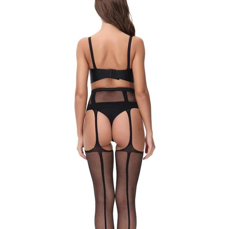 Women Black Stockings With Belt Set High Fishnet Tights Erotic Lingerie Sexy Pantyhose Floral Print Long Mesh Lace Stocking