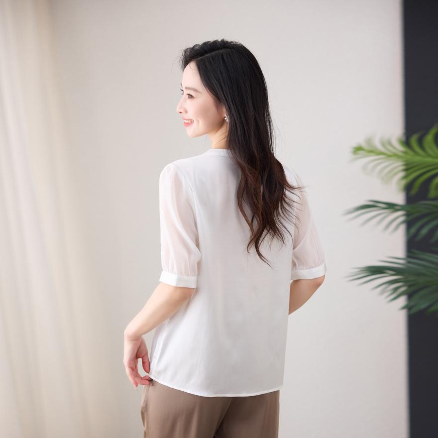Silk Shirt Women's Fashion Short-sleeved Top Summer New V-neck Loose Mulberry Silk Shirt