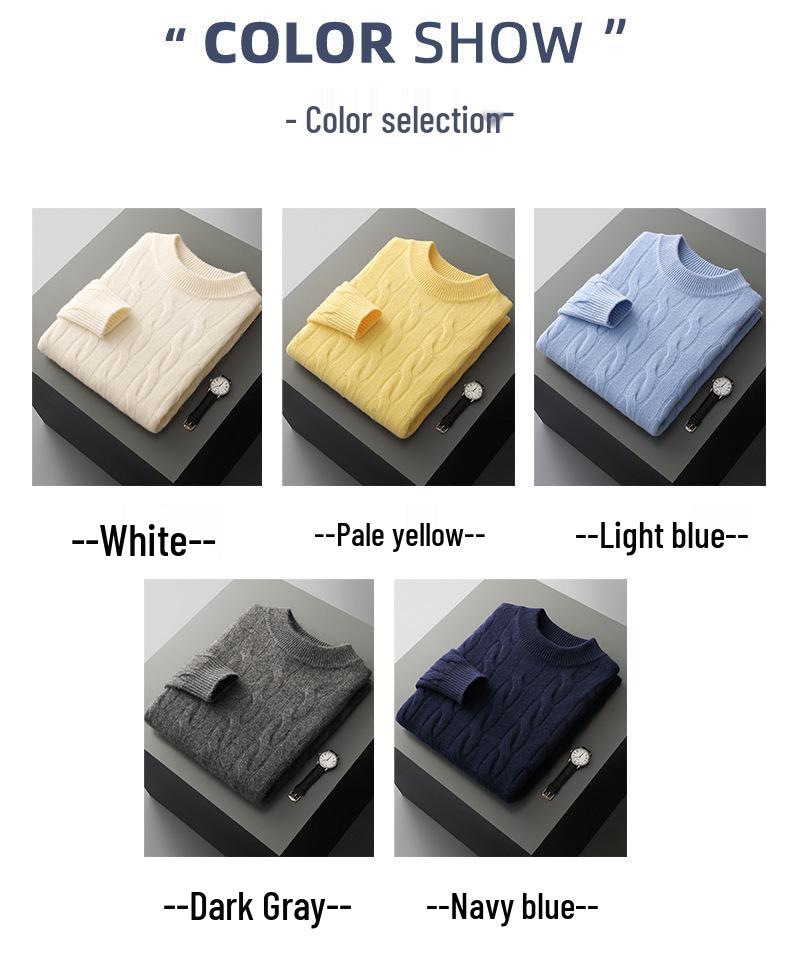 Men's Pure Wool Thick Cable Knit Sweater - Round Neck Solid Color for Autumn and Winter