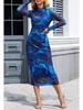 Women's Long-Sleeve Tie-Dye Pleated Cocktail Dress with Stand-Up Collar