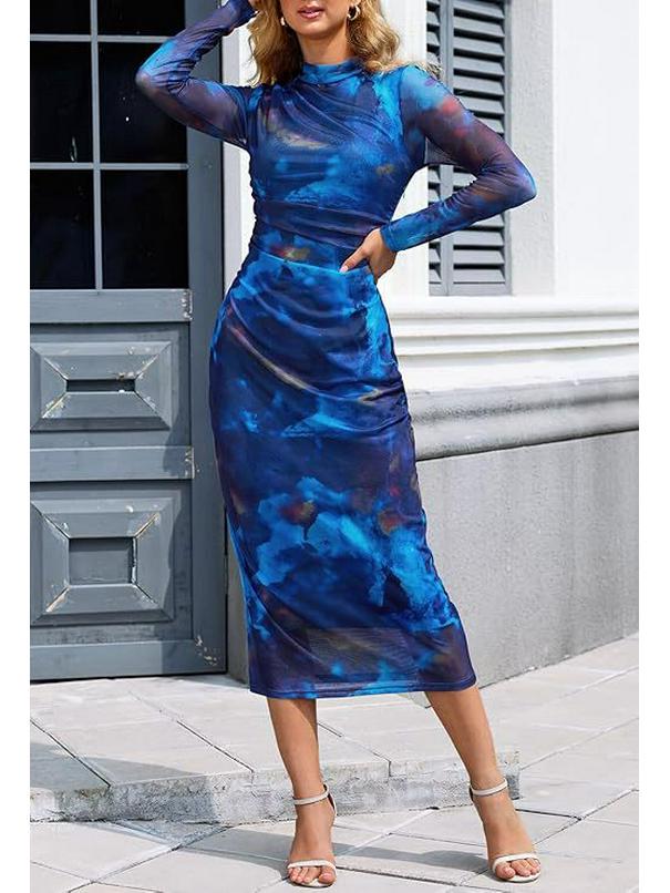 Women's Long-Sleeve Tie-Dye Pleated Cocktail Dress with Stand-Up Collar