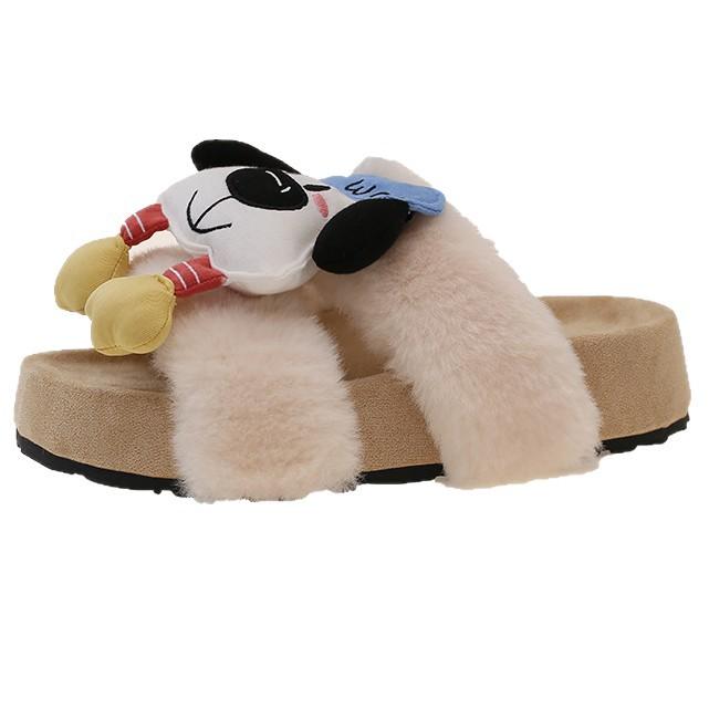 Ka Ai cartoon puppy fluffy slippers women's outer wear 2025 autumn and winter new thick-bottomed fashion lazy one-word cotton slippers
